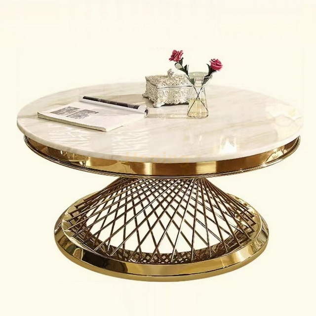 Luxury Round Marble Coffee Table with Golden Stainless Steel Base 