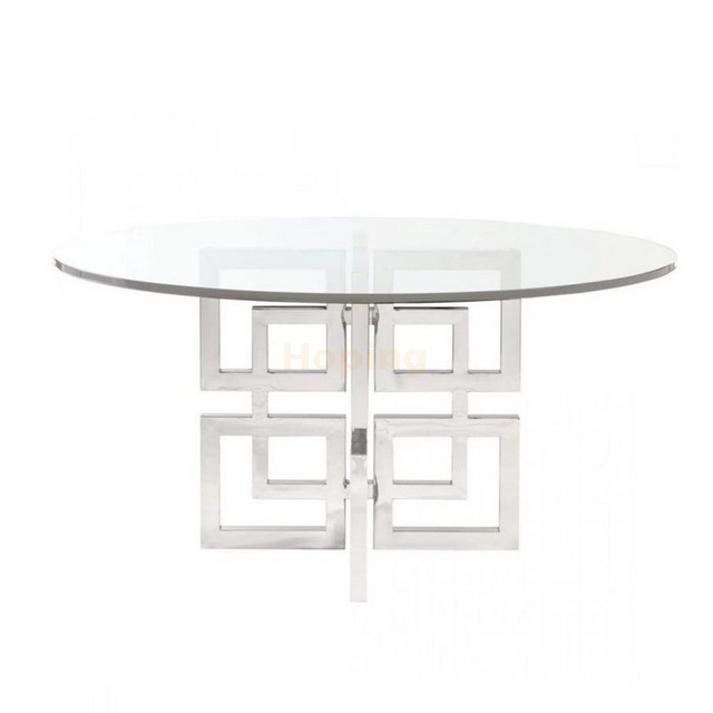 Glass-topped Round Table with Silver Metal Tubular Base Dining Room Table Restaurant Table