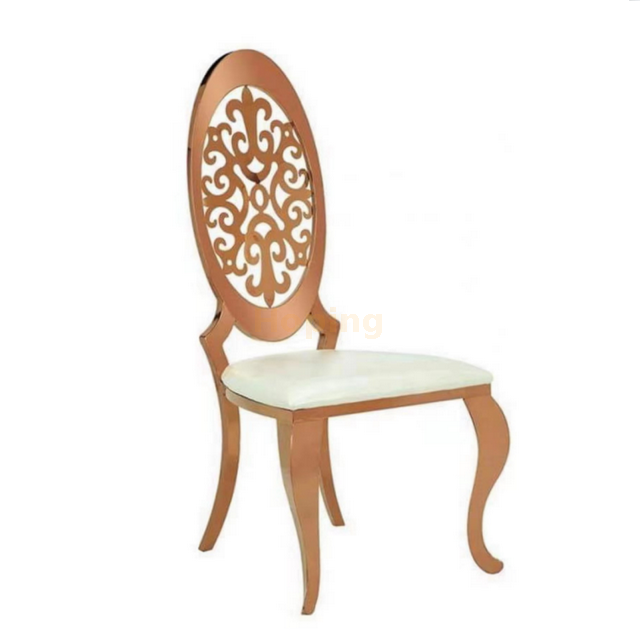 Oval Full Flower Design Back Rose Gold Stainless Steel Wedding Dining Chair for Home Hotel Restaurant 
