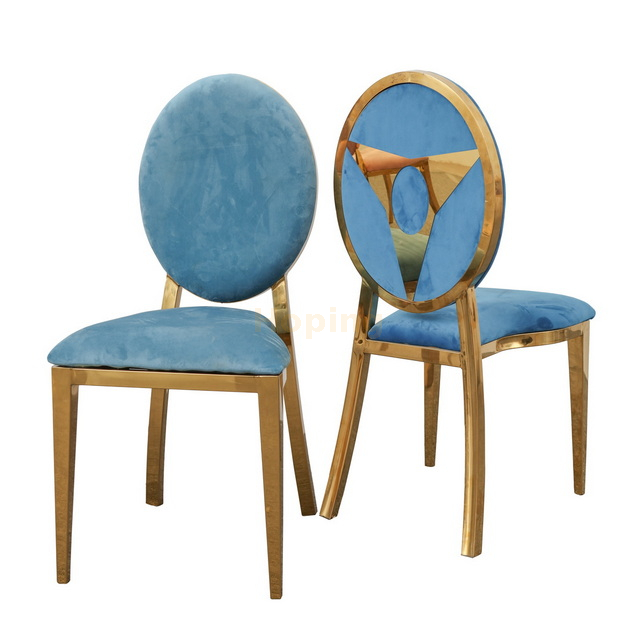 Modern Stainless Steel Chair with Round Back and Blue Velvet Seat Restaurant Hotel Wedding Event Dining Chair
