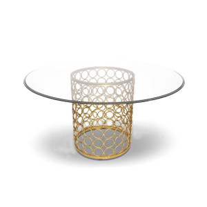 Modern Round Clear Tempered Glass Dining Table with Cylinder Metal Mesh Base