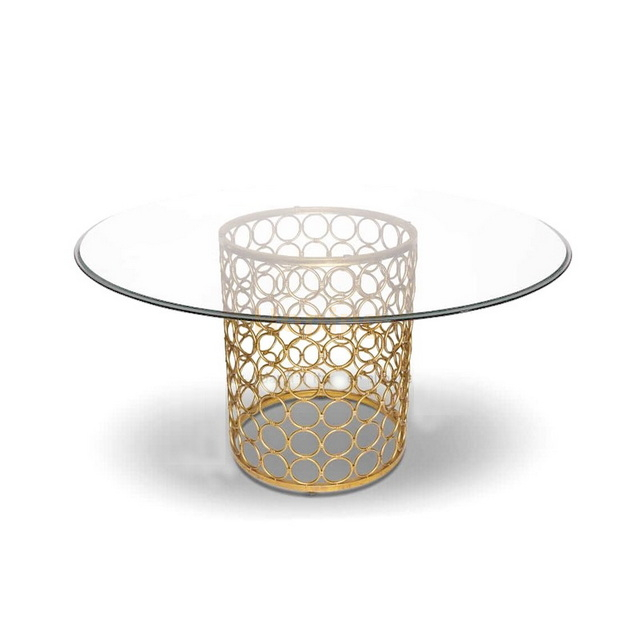 Modern Round Clear Tempered Glass Dining Table with Cylinder Metal Mesh Base