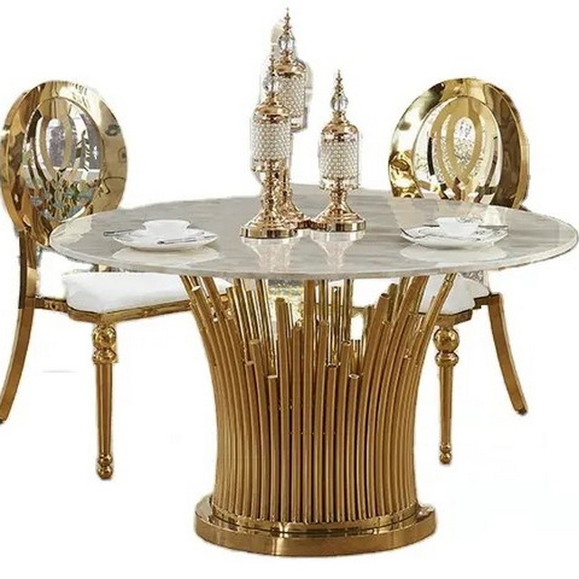 High-end Round Marble Dining Room Table with Golden Stainless Steel Base and Frame