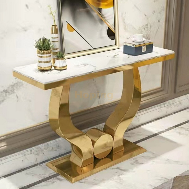 Modern Stainless Steel Polished Gold Console Table with Marble Talbe Top