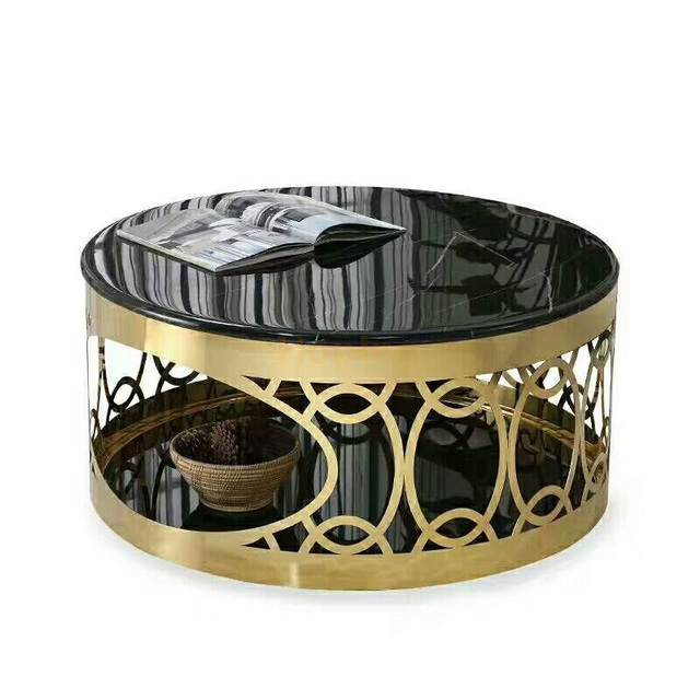 Laser Cutting Design Stainless Steel Round Table Base with Glass Top Coffee Table 