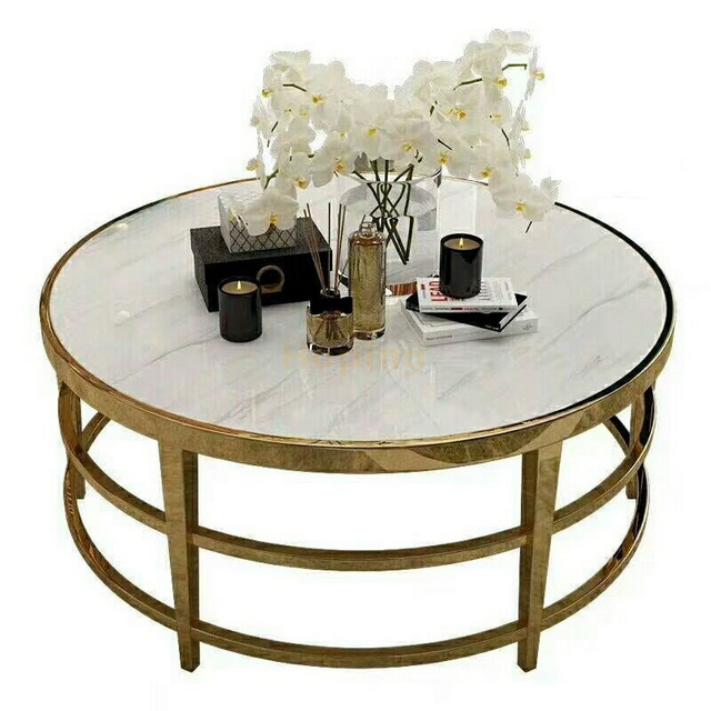 Modern Golden Steel Color Round Coffee Table Side Table with Black Marble Top