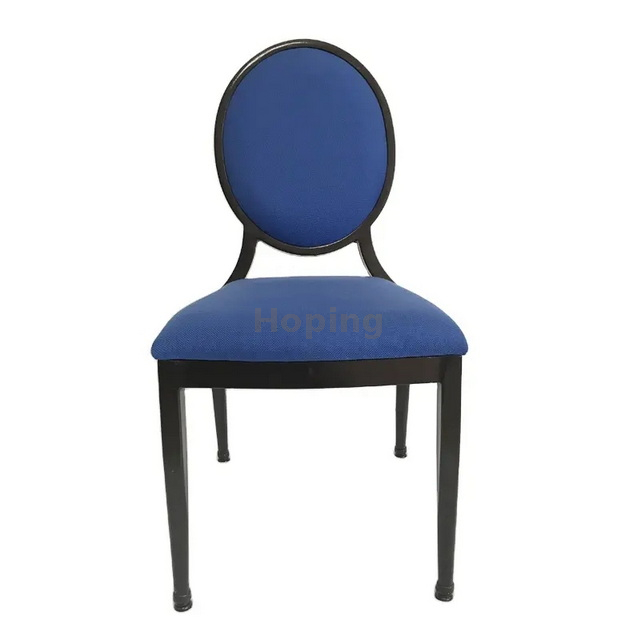Blue Round Back Metal Frame Chair with Fabric Cushion for Banquet Hotel Dining Weddding Chair 