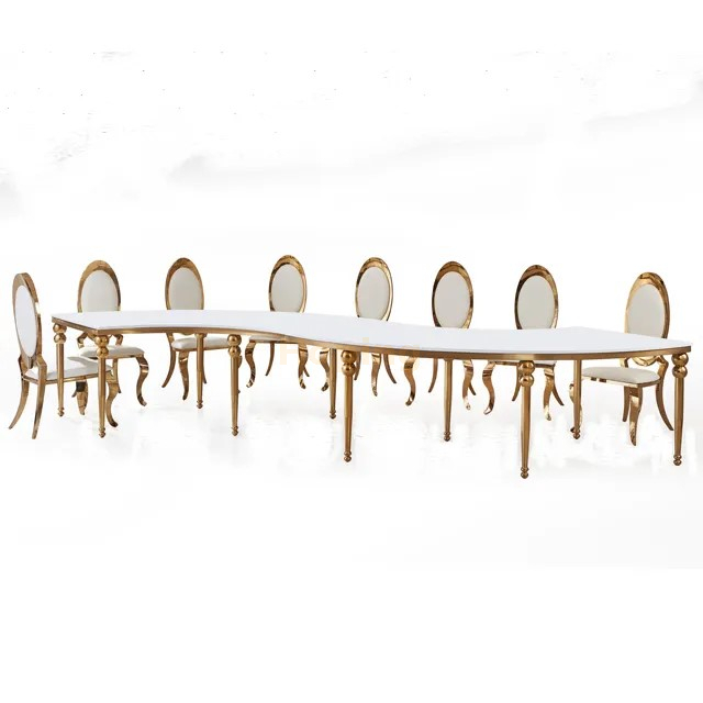 Long S Shaped Dining Table with Golden Stainless Steel Legs for Wedding Banquet Feast 