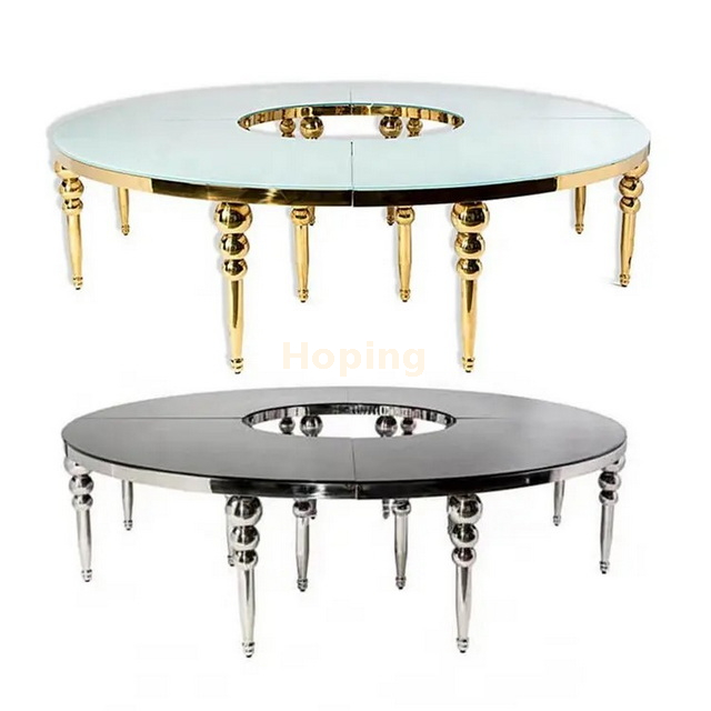Circular Wedding Table with Glass Top and Stainless Steel Legs