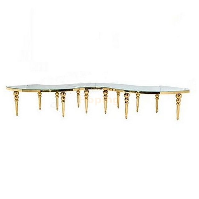 Long S Shaped Dining Table with Golden Stainless Steel Legs for Wedding Banquet Feast 