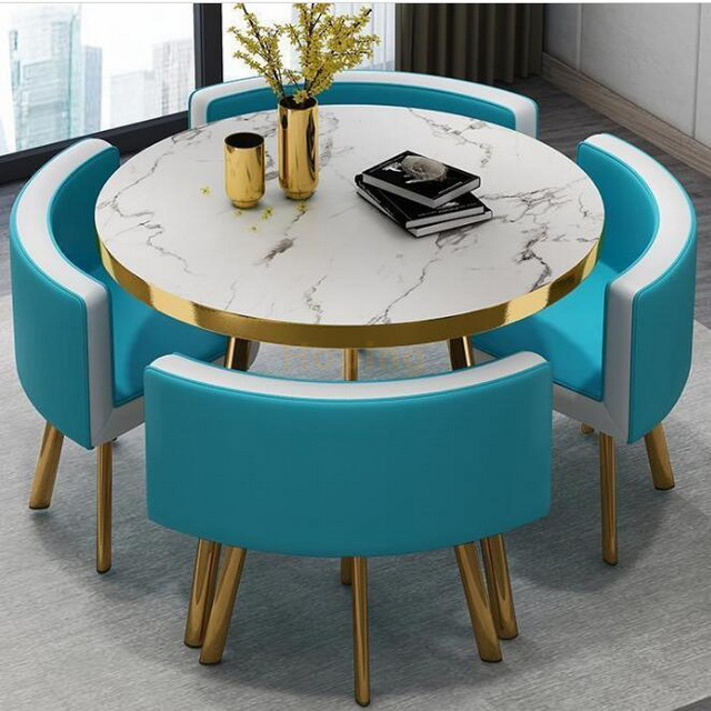 Bright Blue Modern Round Dining Table Set 4 Seater Living Room Modern Small Dining Table Set