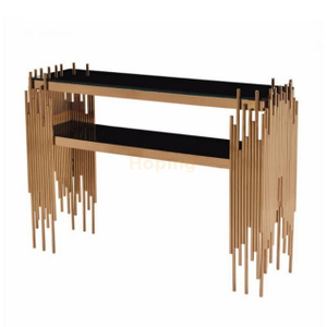 Entrance Luxury Style Irregular Double-Layer Console Table with Stainless Steel Frame and Glass Top