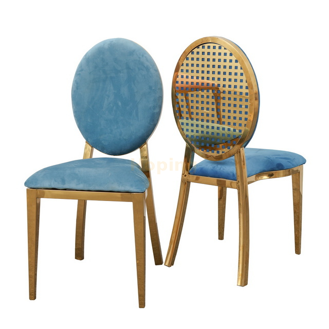 Mesh Pattern Back Stainless Steel Chair with Blue Velvet Seat for Restaurant Hotel Wedding Event Dining Chair