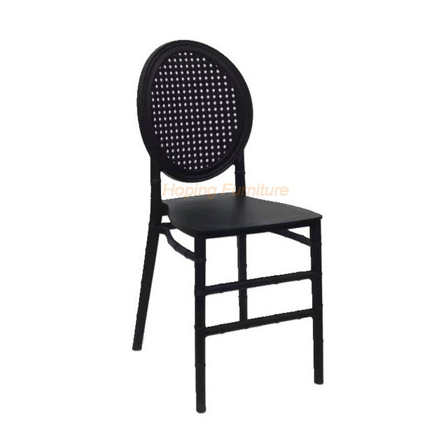 Hoping Furniture Black Rattan Indoor Outdoor Restaurant Stack Chair Louise Round Hole Back Resin Plastic Banquet Dining Table Chair