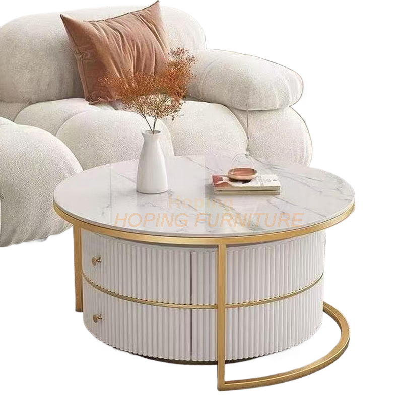 Hotel Center Table Set Gold-Plated Metal Round Marble Glass Top Side Table Corner Tea Modern Natural Stone Coffee Table