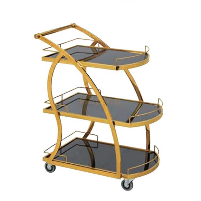 High Quality Hotel Delivery Trolley Handcart Stainless Steel Glass 3-Layer Trolley Restaurant Delivery Gold Rectangular Trolley Kitchen Cart