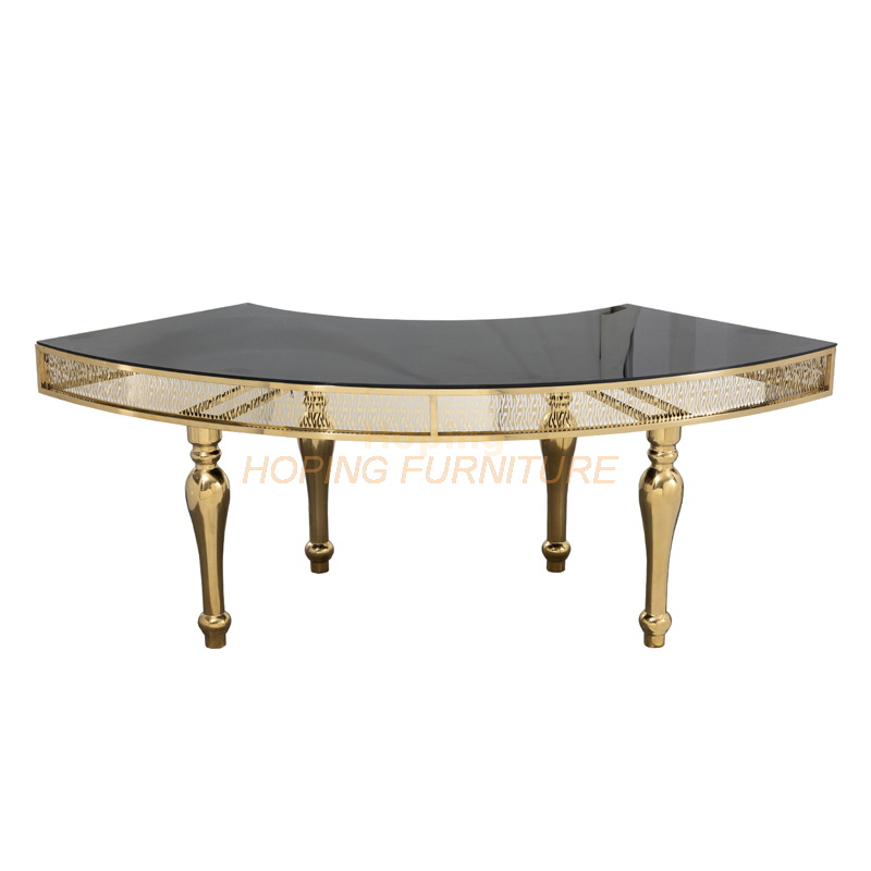 Half Round Glass Top Dining Table Wedding Feast Restaurant Table with Golden Stainless Steel Frame