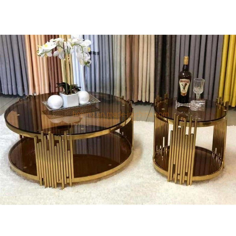 Modern Round Rose Gold Coffee Table Metal Living Room Table / Console Table / Side Table Luxury Home Steel Base Gold Round Glass Coffee Table