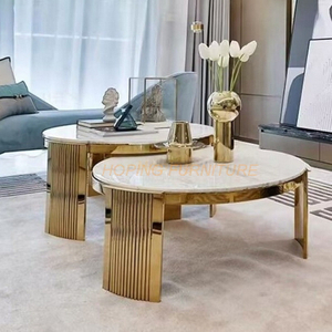 Customized Smoked Glass Top Beige Marble Living Room Center Metal Coffee Table