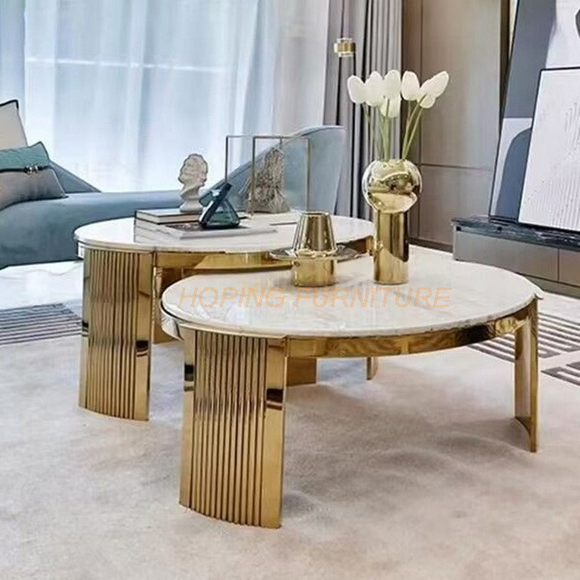 Customized Smoked Glass Top Beige Marble Living Room Center Metal Coffee Table