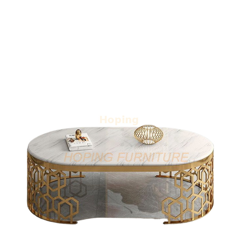 Modern Living Room Furniture Oval Golden Stainless Steel White Marble Top Coffee Table for Sale