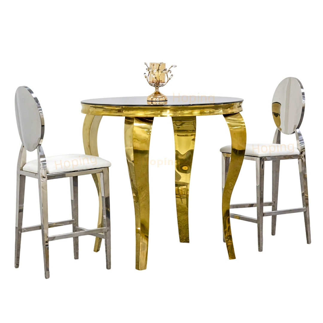 Round Bar Table with Glass Top and Golden Stainless Steel Frame for Night Club