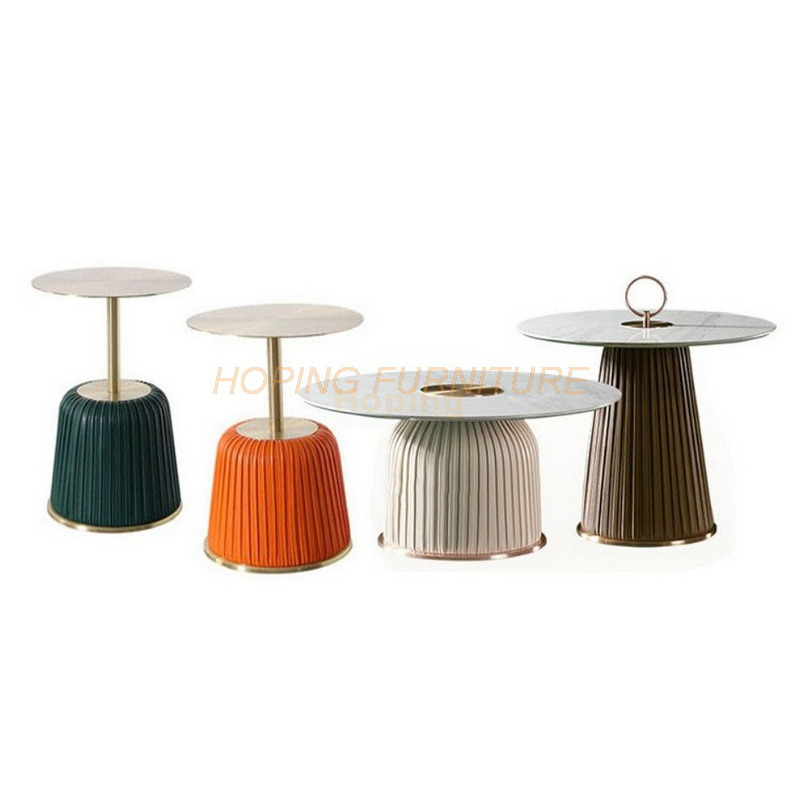 Wholesale Market Outdoor Hotel Modern Living Room Furniture Luxury Home Steel Base Gold Round Wood Top Coffee Table New Leather Cover Coffee Table