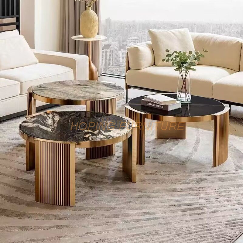 Customized Smoked Glass Top Beige Marble Living Room Center Metal Coffee Table