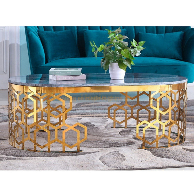 Modern Living Room Furniture Oval Golden Stainless Steel White Marble Top Coffee Table for Sale