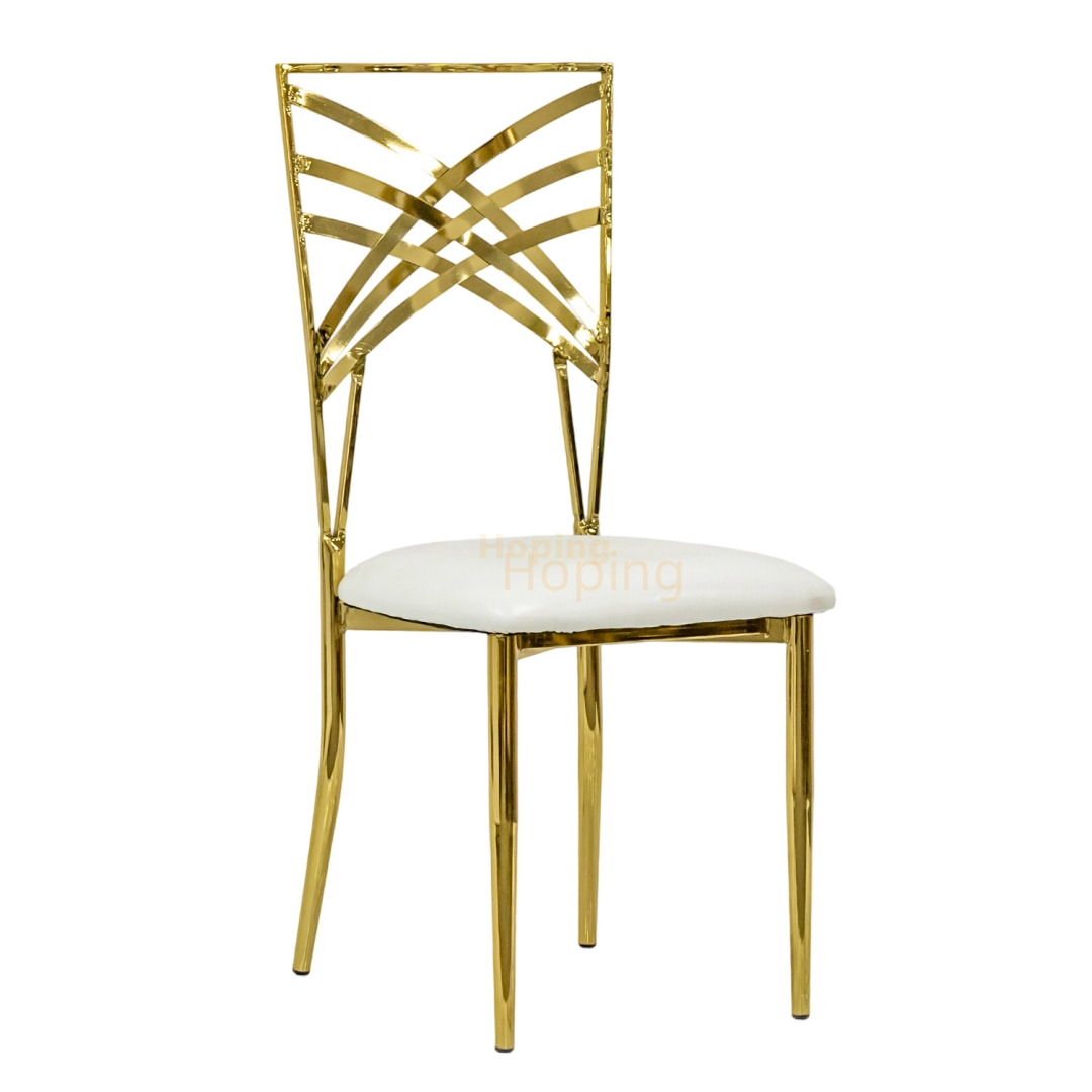Elegant Gold Metal Cross Back Stackable Dining Chair with PU Seat for Weddings and Events