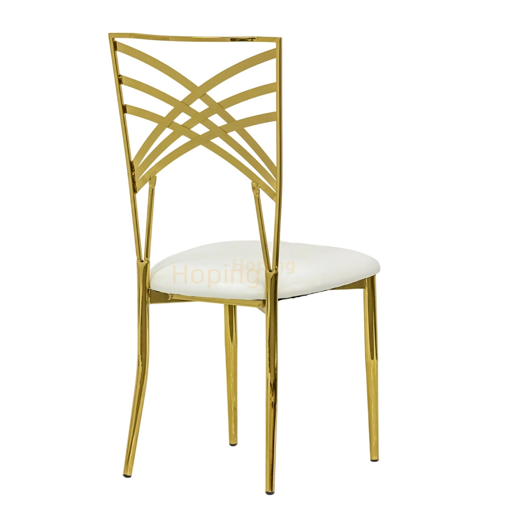Elegant Gold Metal Cross Back Stackable Dining Chair with PU Seat for Weddings and Events