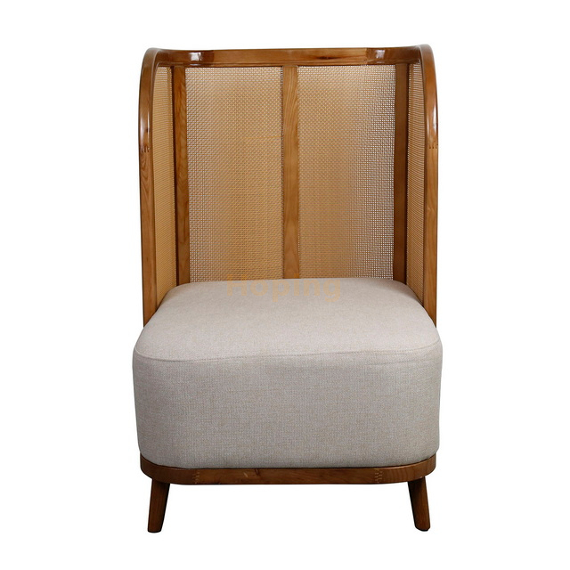 Single Seat Sofa Chair with High Square Rattan Back Wood Frame Armchair PU Leather Seat Restaurant Dining Chair