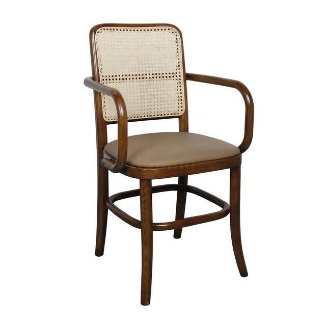 Square Rattan Back Wood Armchair Restaurant Furniture PU Leather Seat Dining Chair