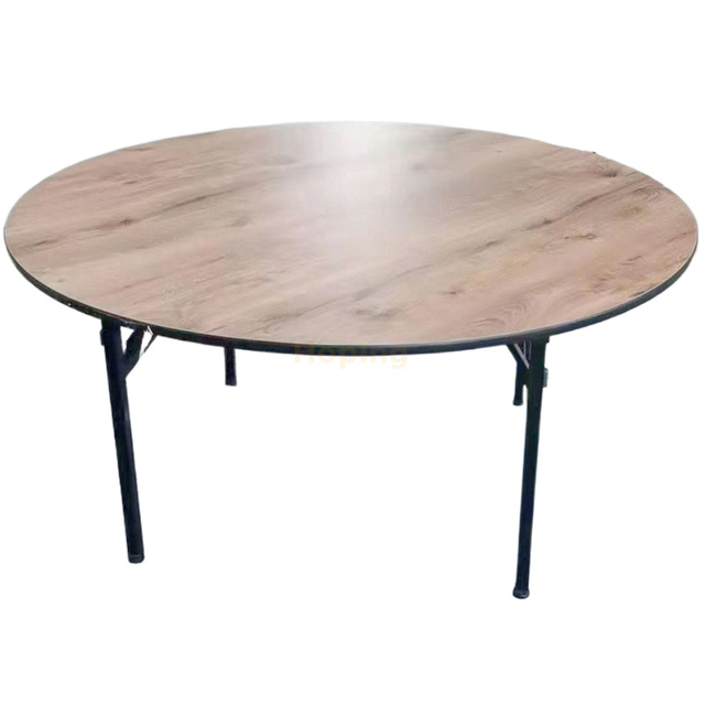 Round Wood Dining Table with Wrought Iron Base Event Wedding Furniture Banquet Meeting Fireproof Board Folding Dining Table