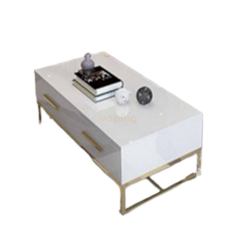 Modern Mirrored Metal Coffee Table Rectangle Living Room Set Center Table with 2 Drawers