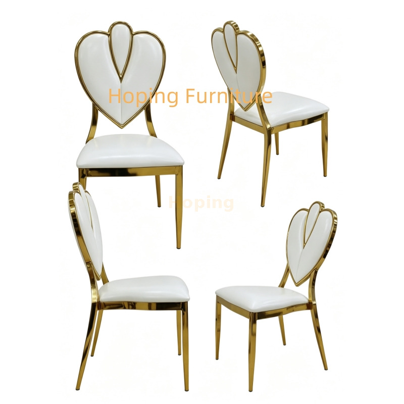 New Design Gold Frame Event Rental Wedding Chromed Metal Dining Chair Love Heart Back Living Room Chair