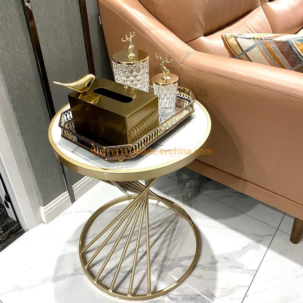 Modern Side Table Coffee Table Tea Table Console Table Corner Table with Twisted Designed Stainless Steel Wire Frame Andd Round Marble Top