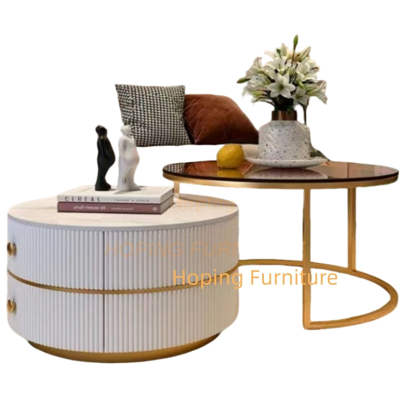 Hotel Center Table Set Gold-Plated Metal Round Marble Glass Top Side Table Corner Tea Modern Natural Stone Coffee Table