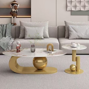 Living Room 1+1 Coffee Table Set Modern Golden Steel Frame with Slate Top