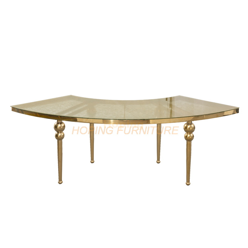 Half Round Glass Top Dining Table Wedding Feast Restaurant Table with Golden Stainless Steel Frame