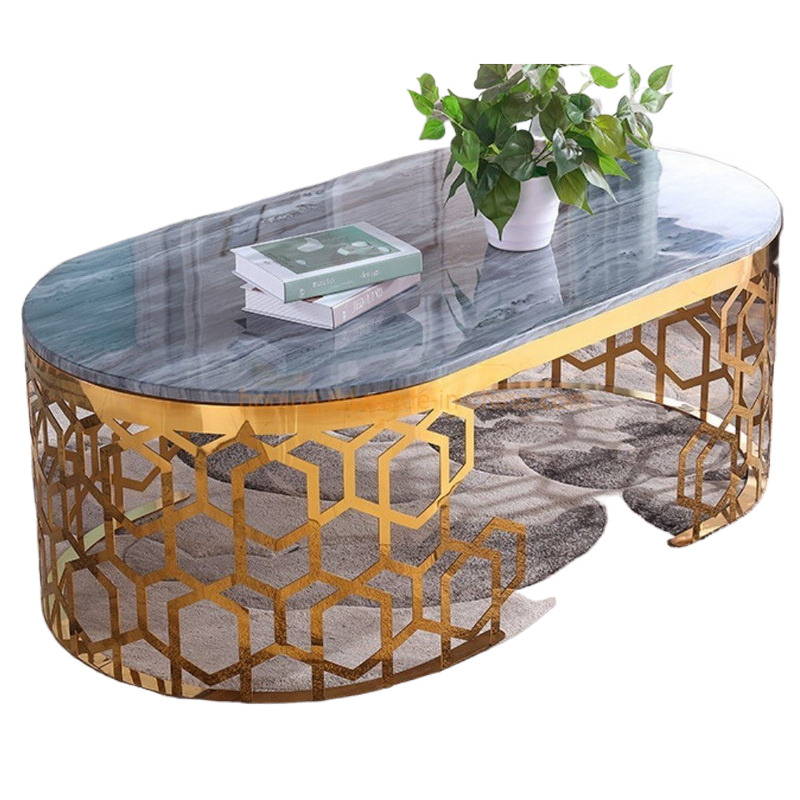 Modern Living Room Furniture Oval Golden Stainless Steel White Marble Top Coffee Table for Sale
