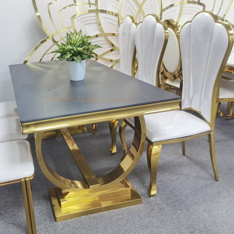 Modern Indoor House Furniture Dining Table with White Stone Top Restaurant Chromed Steel Metal Base
