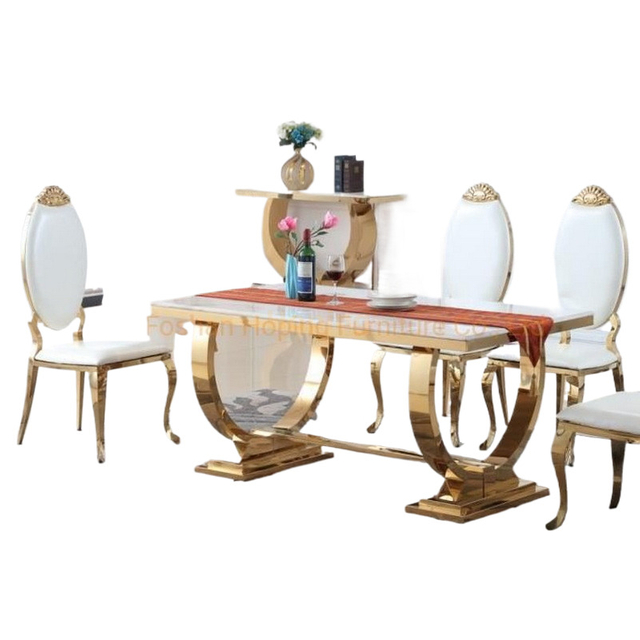 Restaurant Dining Wedding Chair Table Gold Stainless Steel Frame Legs Hotel Banquet Cake Table with 6 Seat