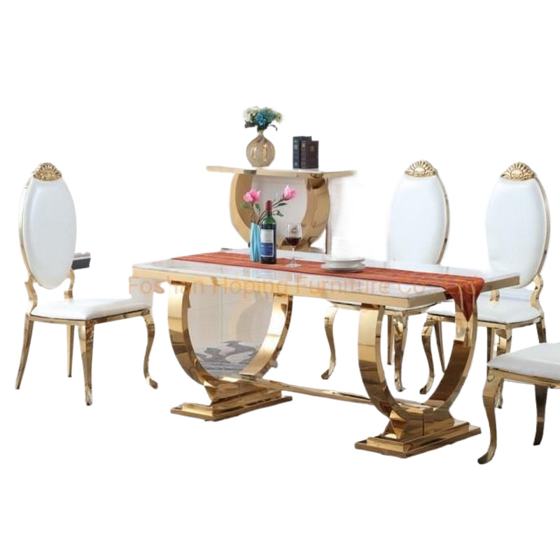 Restaurant Dining Wedding Chair Table Gold Stainless Steel Frame Legs Hotel Banquet Cake Table with 6 Seat