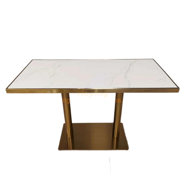 Rectangular Shape Marble Table Top Metal Golden Base Coffee Shop Dining Table