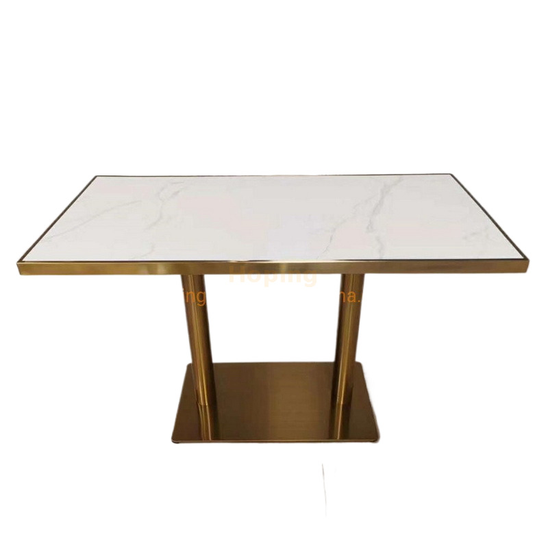 Rectangular Shape Marble Table Top Metal Golden Base Coffee Shop Dining Table