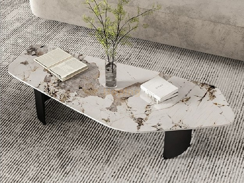 New Nordic Design Irregular Rectangular Shape Coffee Table Italian Luxury Marble Stone Coffee Table with Carbon Steel Base