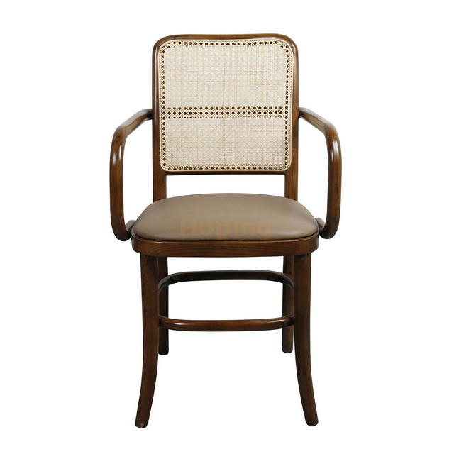 Square Rattan Back Wood Armchair Restaurant Furniture PU Leather Seat Dining Chair