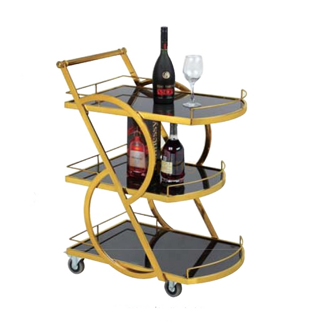 High Quality Hotel Delivery Trolley Handcart Stainless Steel Glass 3-Layer Trolley Restaurant Delivery Gold Rectangular Trolley Kitchen Cart