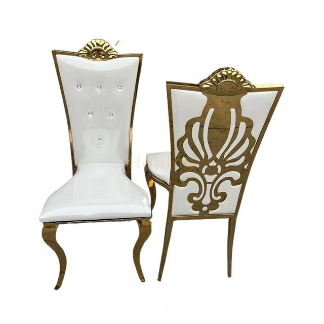 High Rectanguar Back Stainless Steel Dining CHair with Golden Flower Backprint Wedding Chair 